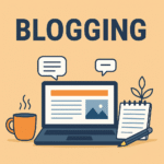 Illustration of blogging workspace with laptop, coffee, notepad, and plant