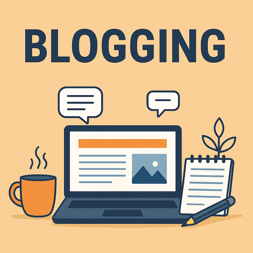 Illustration of blogging workspace with laptop, coffee, notepad, and plant
